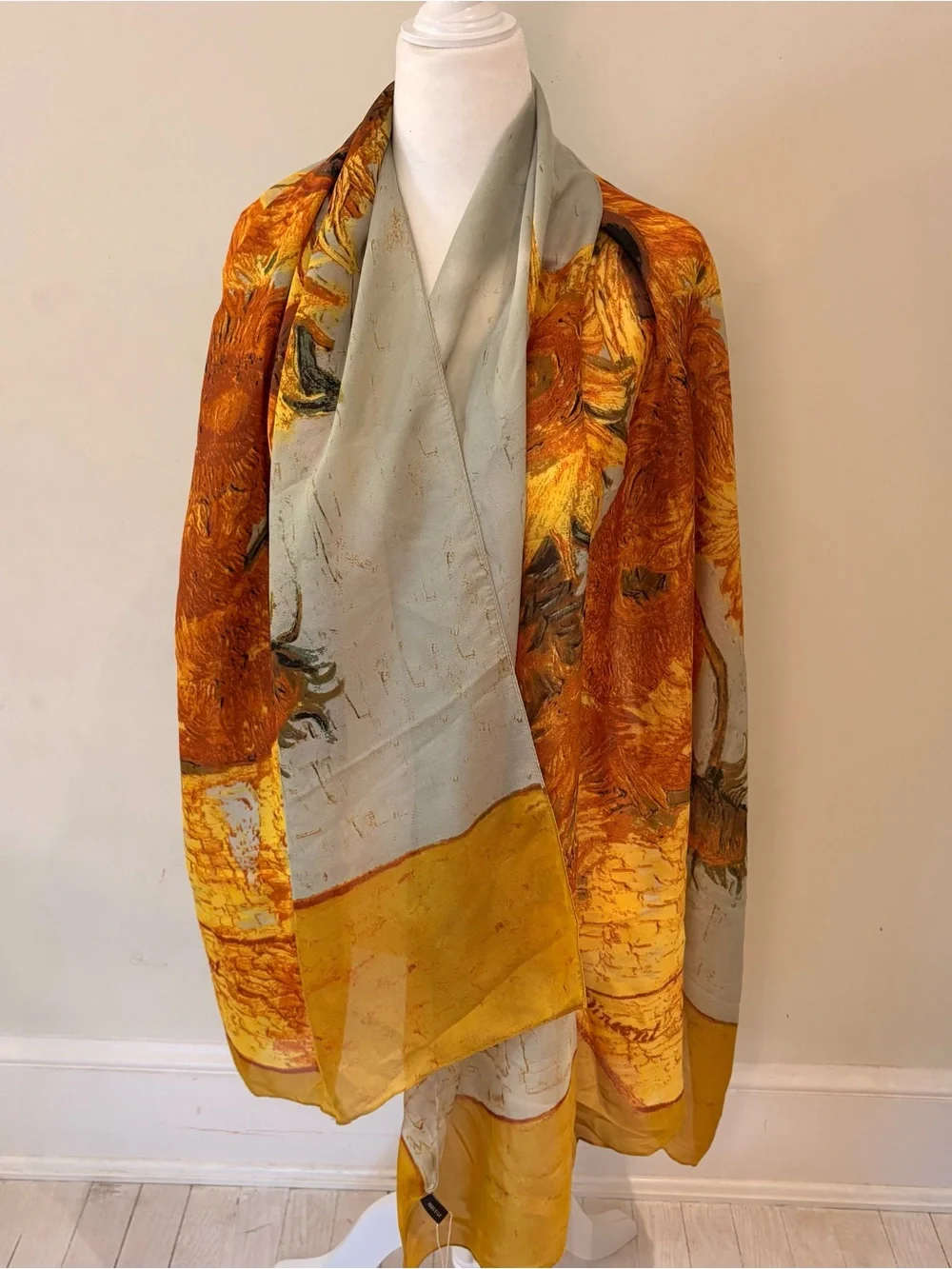 Van Gogh Sunflower Print Silk Scarf Oversized NWT 34 x 74